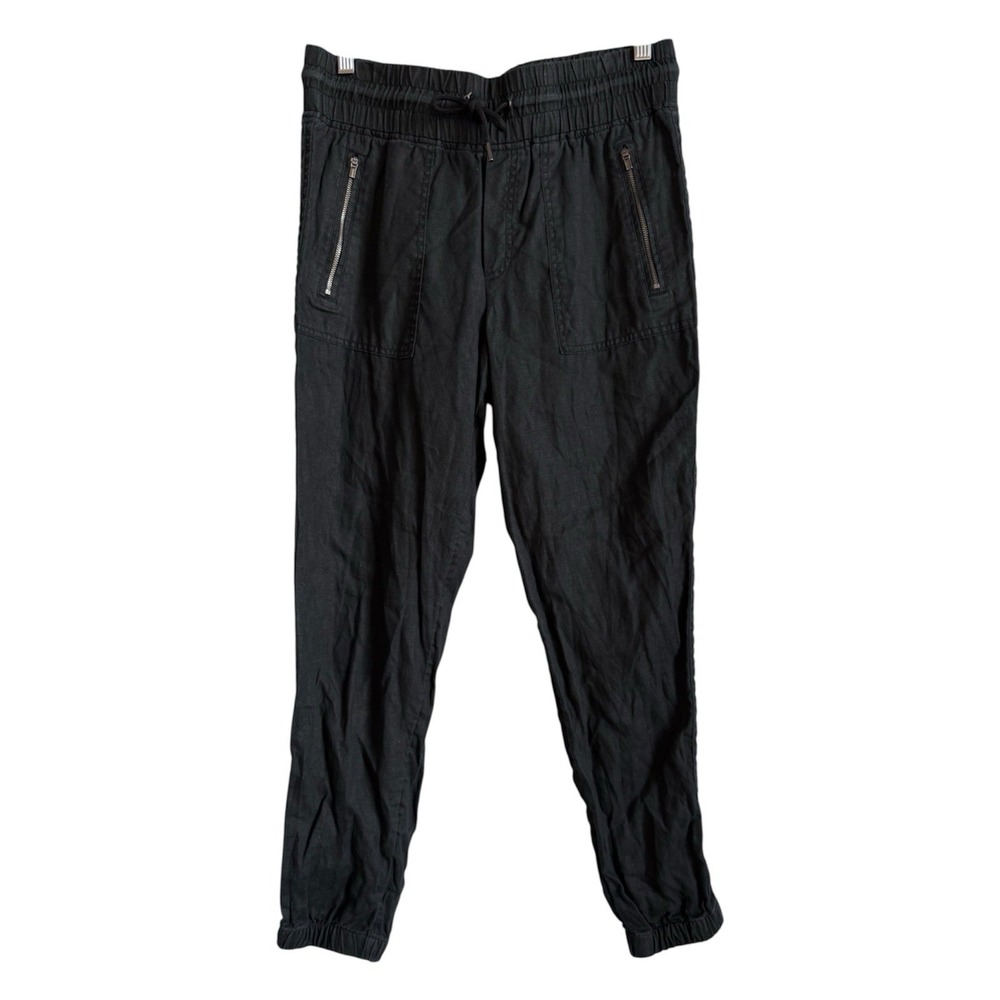 Athleta Cabo Black 100% Linen Joggers Zipper Utility Cargo Pant High Waist Sz 8
